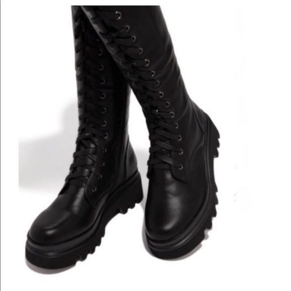 !! NEW !! Knee High Lack Up Combat Boots with Side Zip in Black - Picture 4 of 7